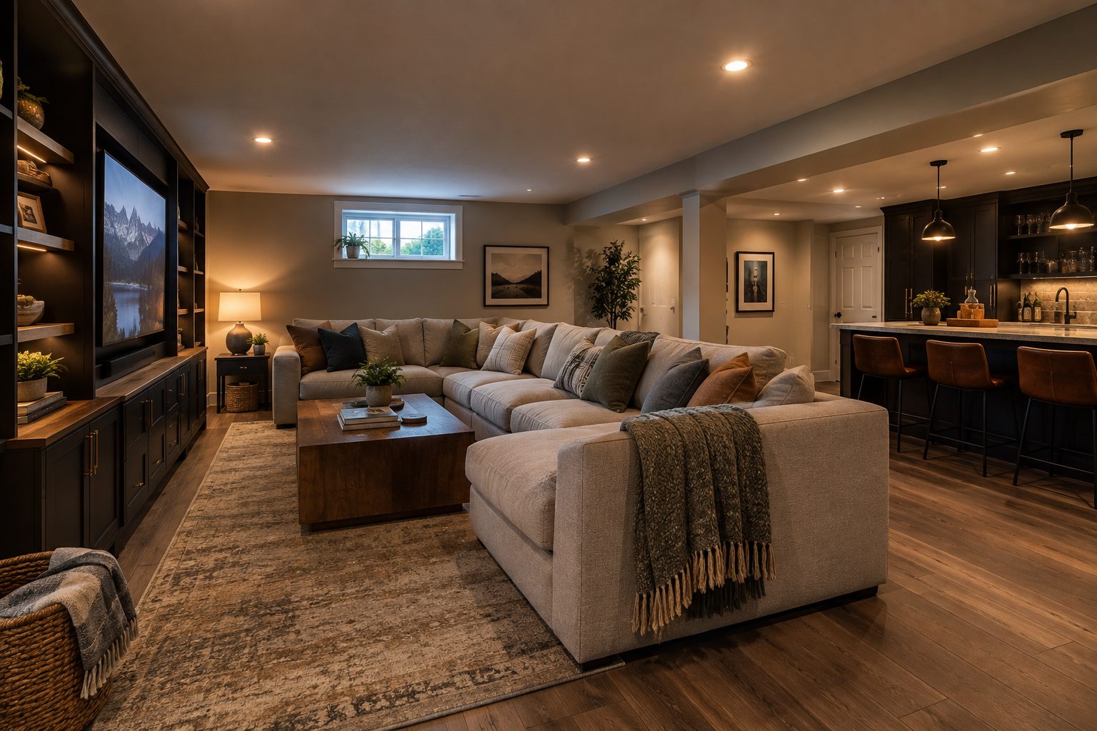 Finished basement family room with built-ins and a wet bar