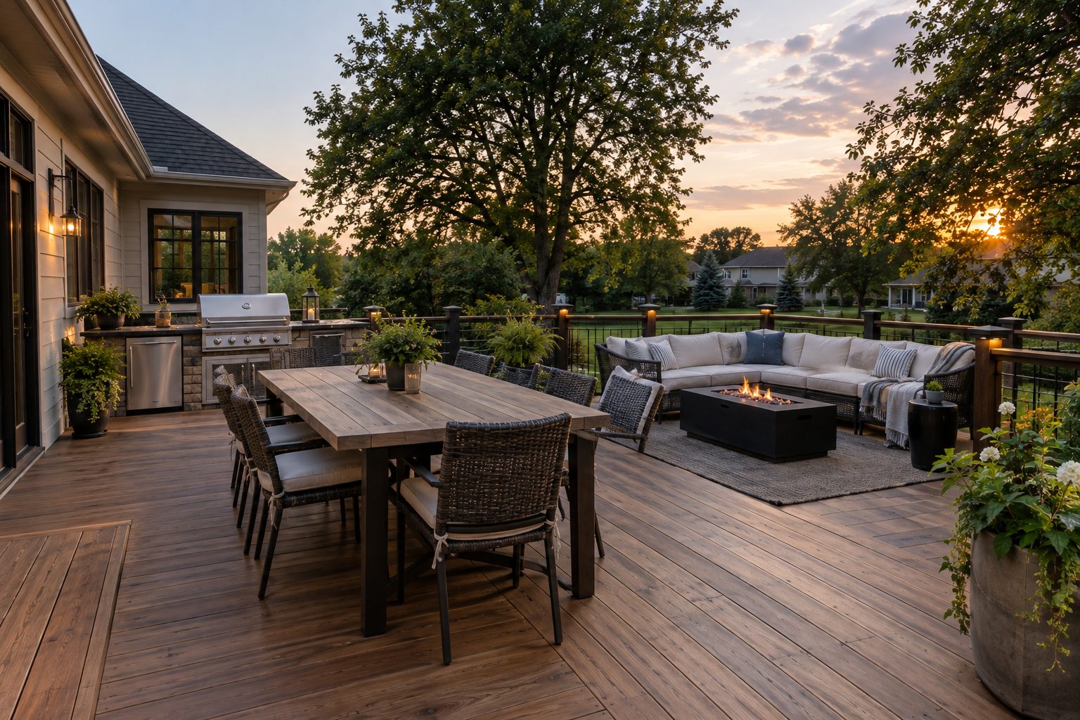 Wood deck with dining table, outdoor kitchen and fire table at sunset