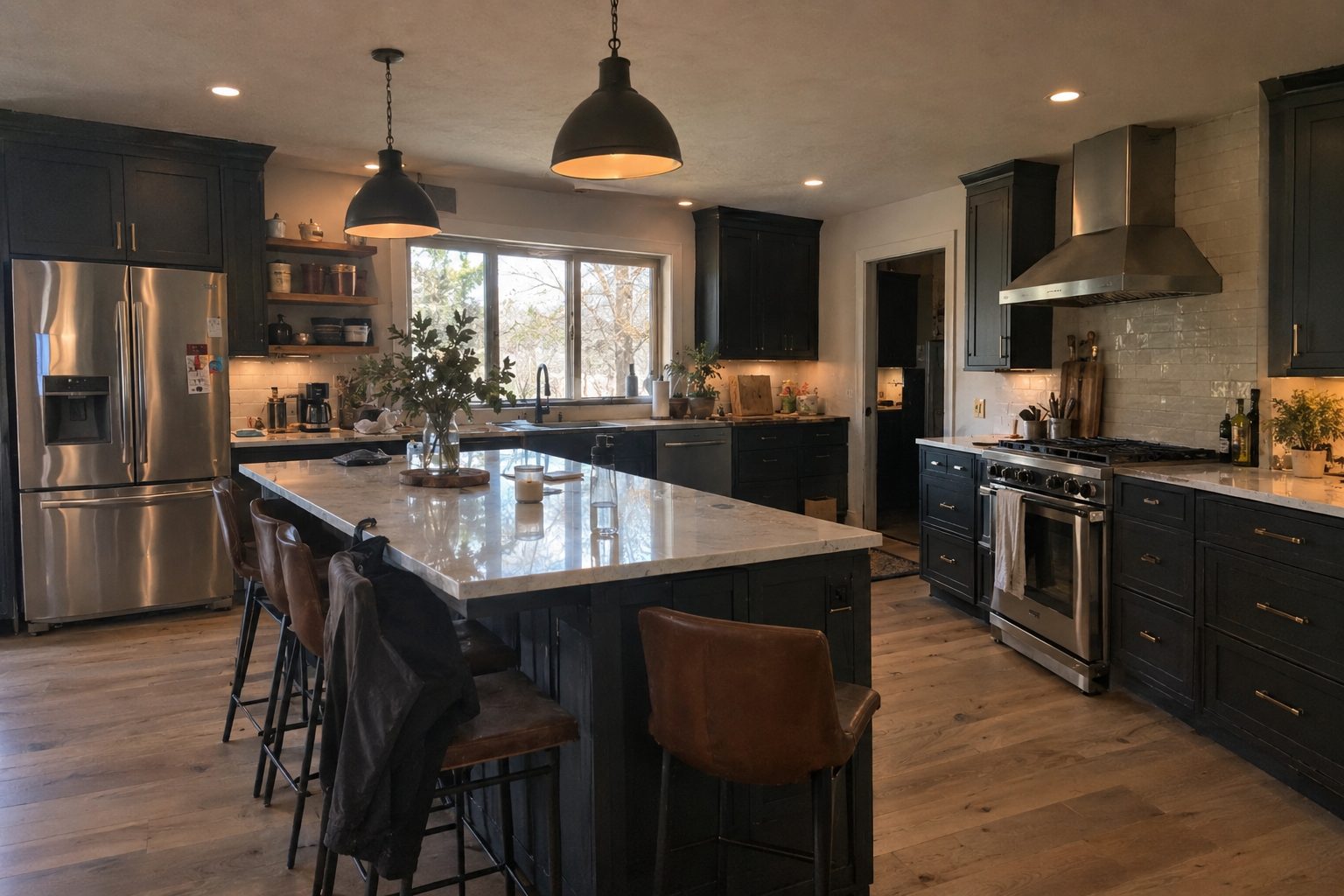Kitchen with black shaker cabinetry, stone counters and a large island