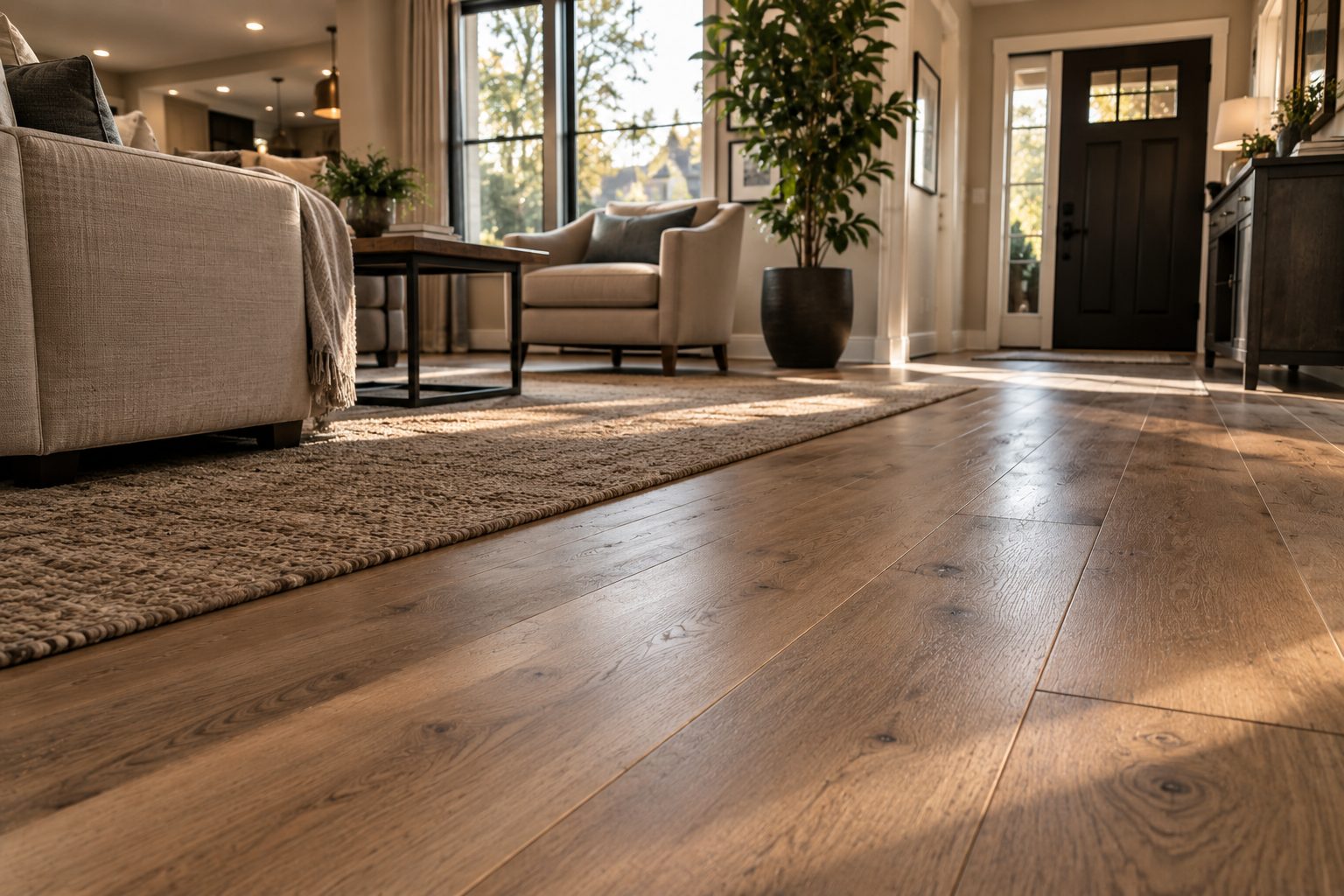 Living room with wide-plank oak flooring