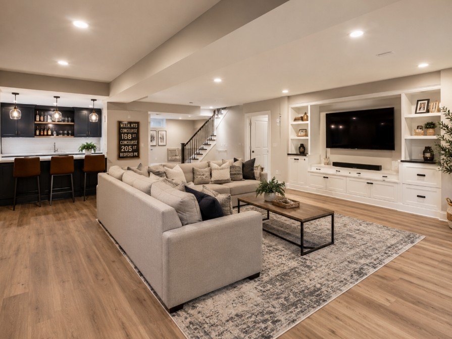 Finished basement with built ins, wet bar and sectional seating
