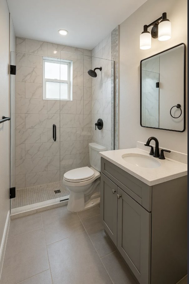 Bathroom with tiled walk in shower, gray vanity and black fixtures