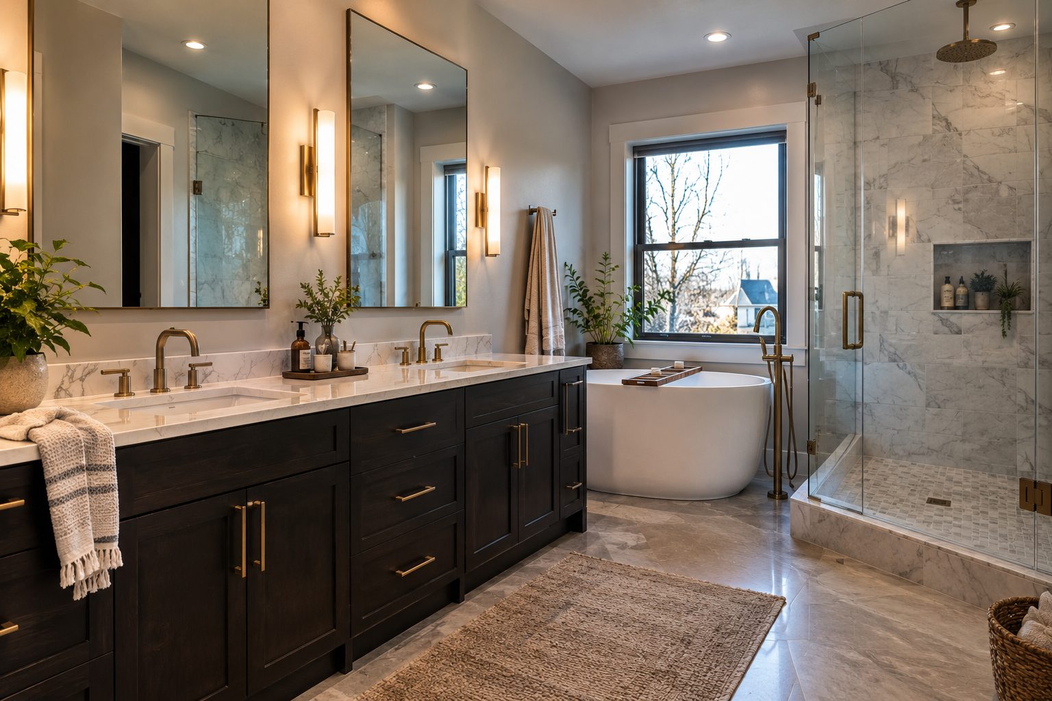 Primary bathroom with dark double vanity, freestanding tub and glass shower