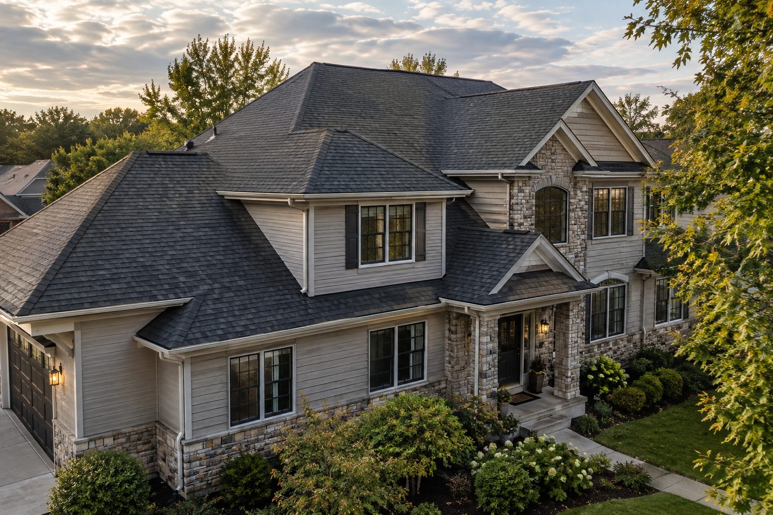 Two-story home with dark architectural shingle roof